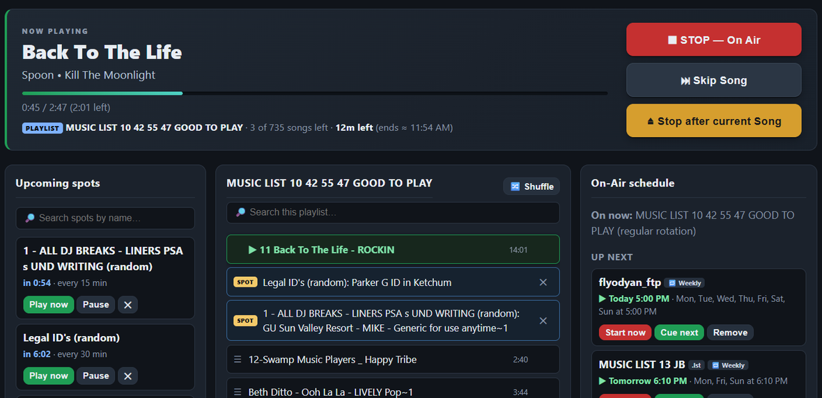 StudioFire's On Air screen — now playing “Back To The Life” by Spoon, upcoming spot rules with countdowns, the active playlist queue and the on-air schedule